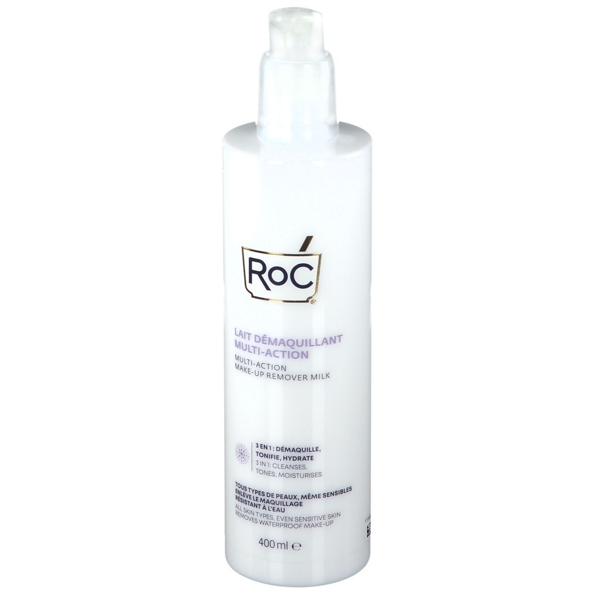 Weiße Flasche mit Pumpe. Aufschrift: RoC, Lait Démaquillant Multi-Action. 3-in-1-Reinigungsmilch. Für empfindliche Haut.