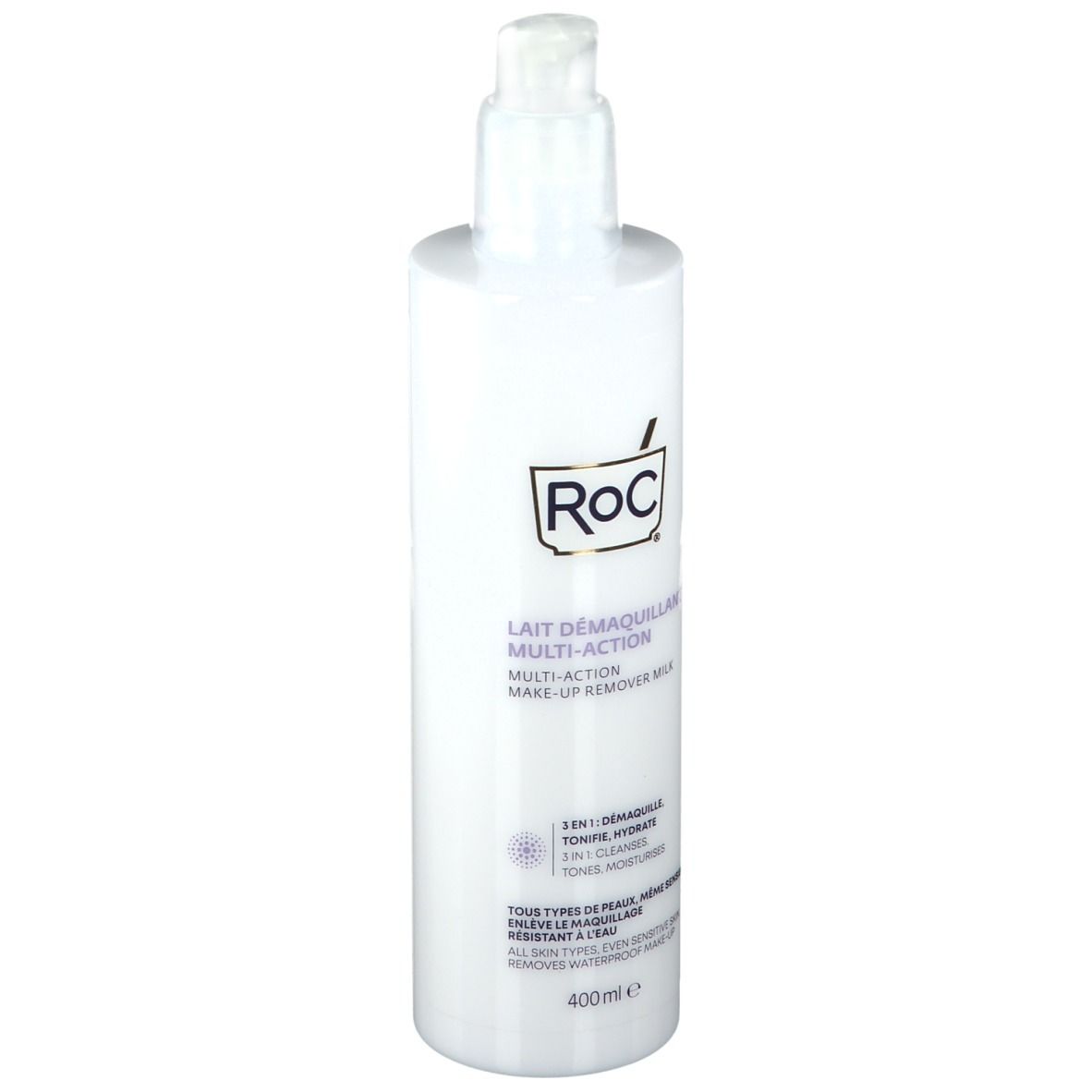 Weiße Flasche mit Pumpe. Aufschrift: RoC, Lait Démaquillant Multi-Action. 3-in-1-Reinigungsmilch. Für empfindliche Haut.