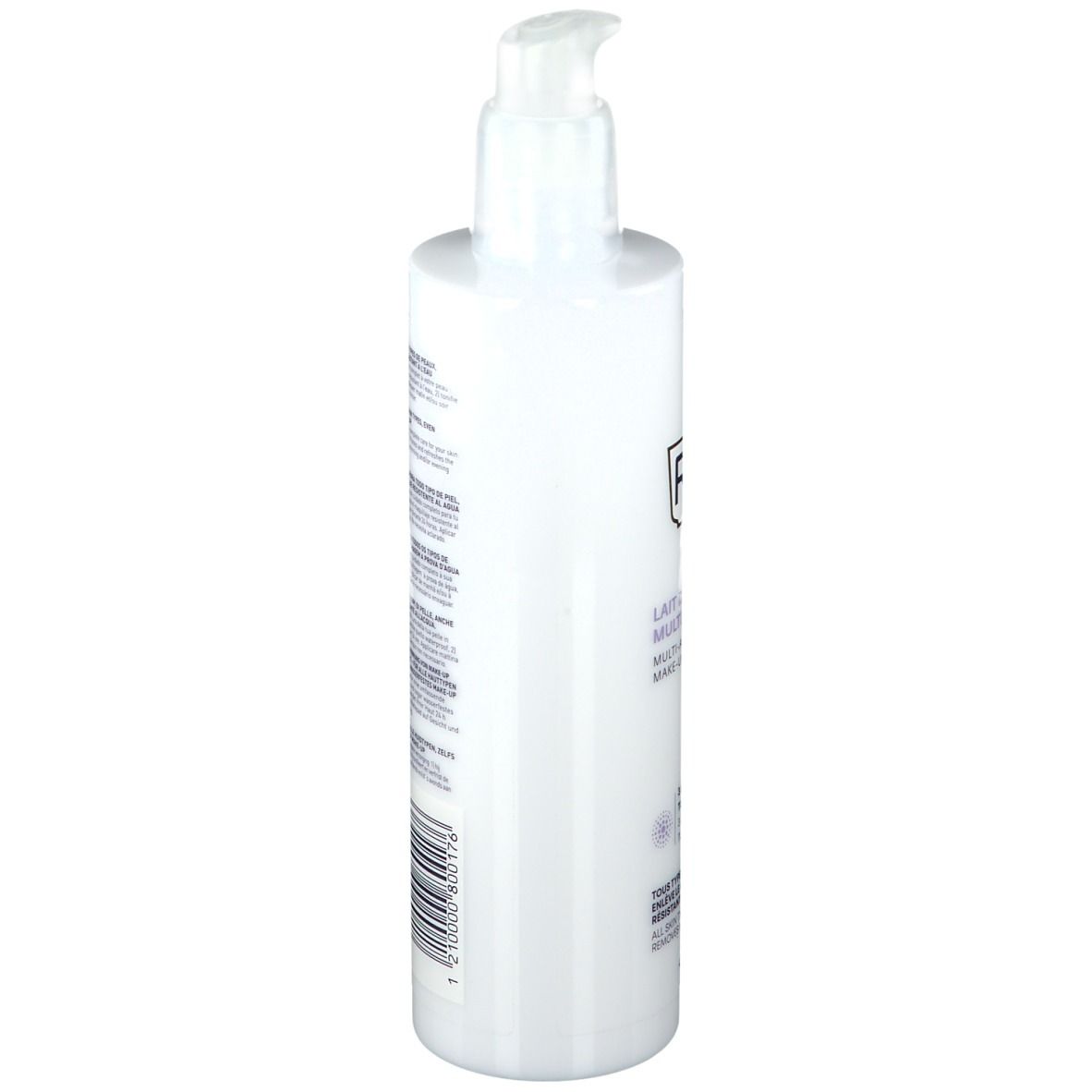 Weiße Flasche mit Pumpe. Rückseite mit Text. Produktinformationen und Barcode. Keine Marke sichtbar.