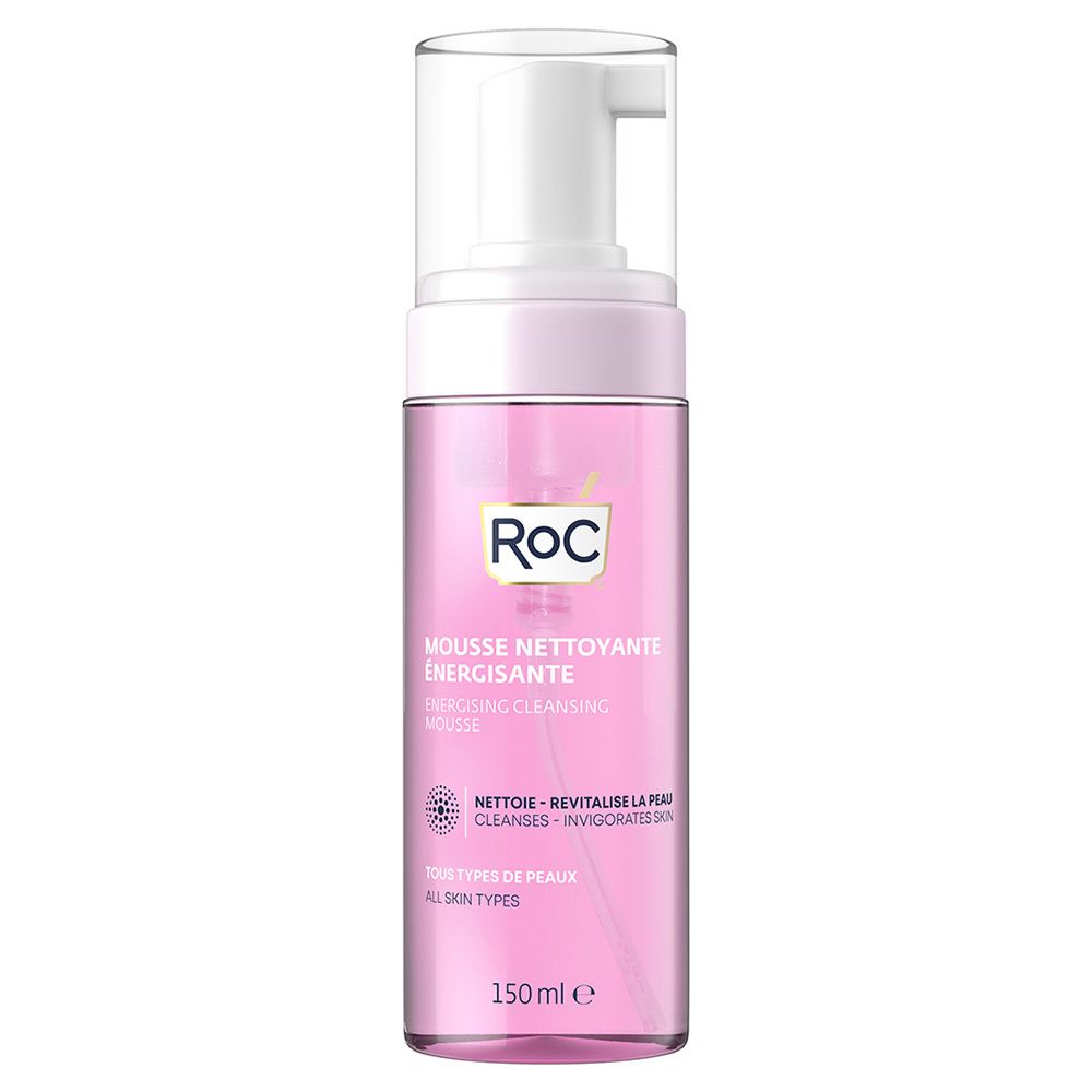 RoC Energetiserende Reinigingsmousse. Roze fles met witte pomp. Productnaam en logo zichtbaar. 150 ml.