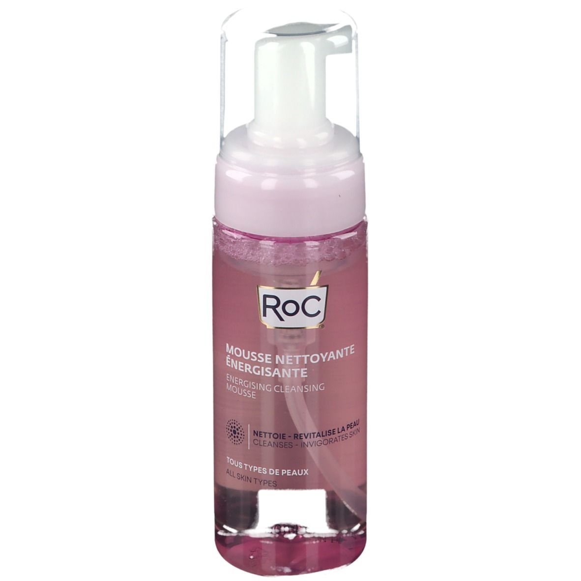 RoC Energetiserende Reinigingsmousse. Roze fles met witte pomp. Productnaam en logo zichtbaar.
