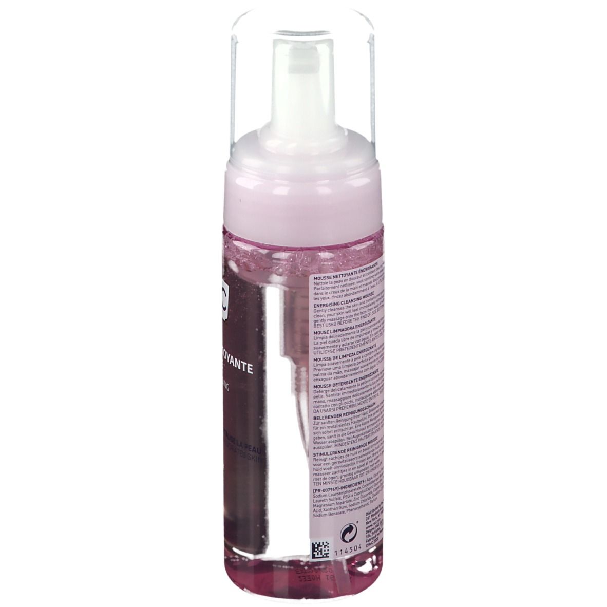 RoC Energetiserende Reinigingsmousse. Achterkant van de fles met tekst. Roze vloeistof zichtbaar.