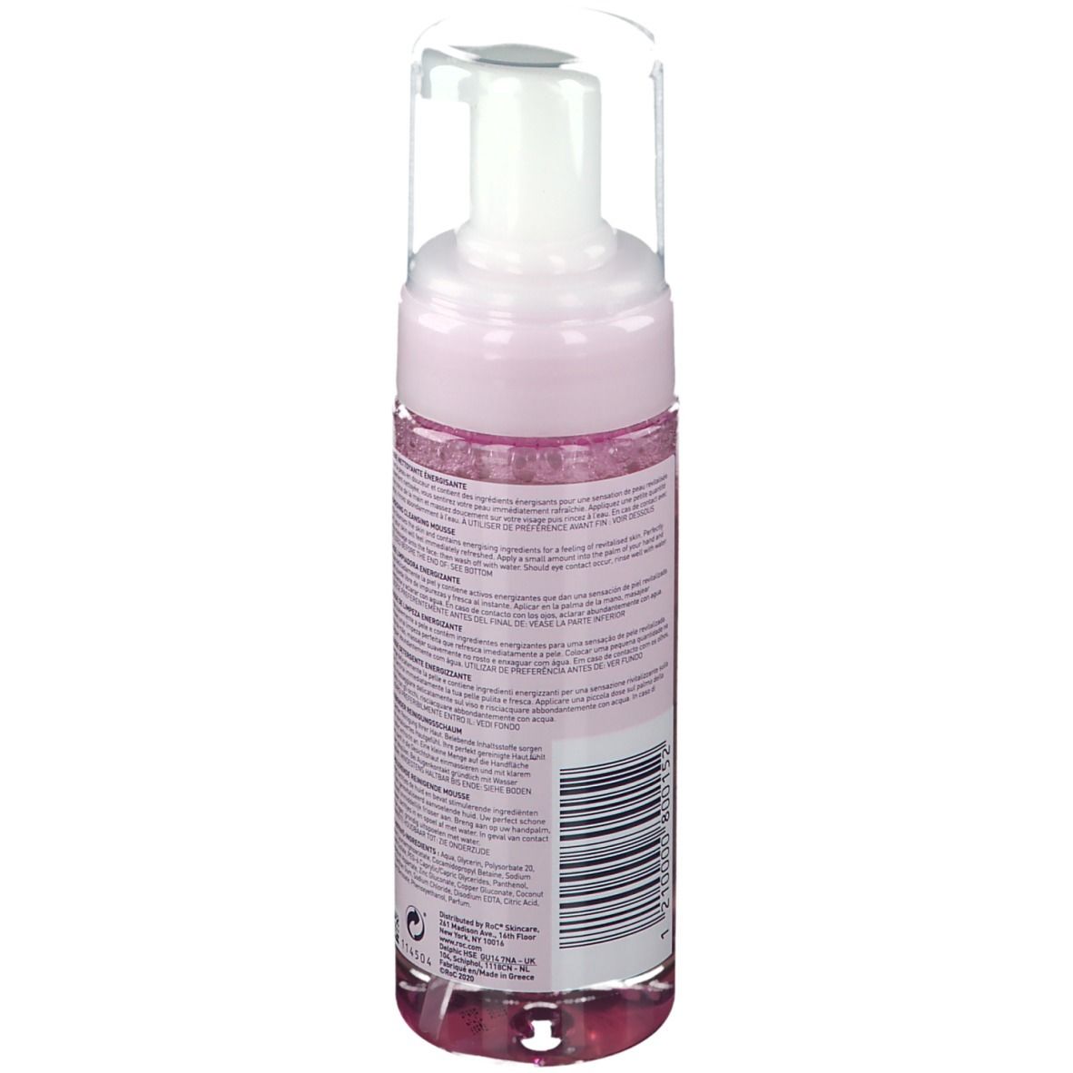 RoC Energetiserende Reinigingsmousse. Achterkant van de fles met tekst en barcode. Roze vloeistof zichtbaar.