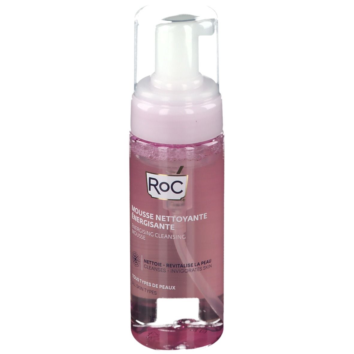 RoC Energetiserende Reinigingsmousse. Roze fles met witte pomp. Productnaam en logo zichtbaar.