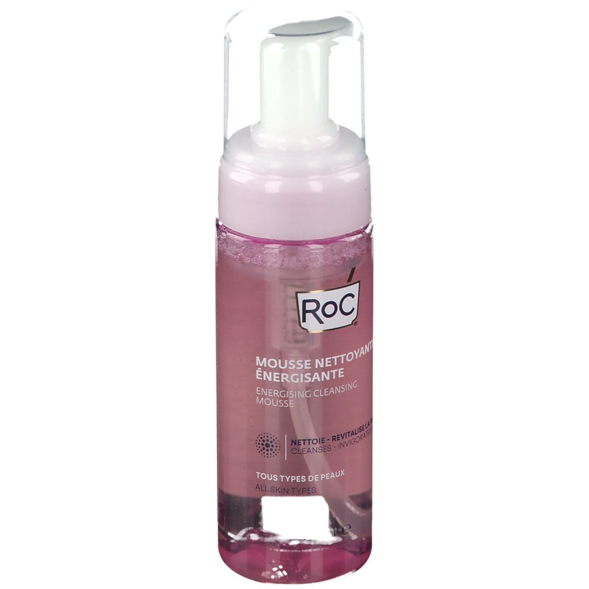 RoC Energetiserende Reinigingsmousse. Roze fles met witte pomp. Productnaam en logo zichtbaar.