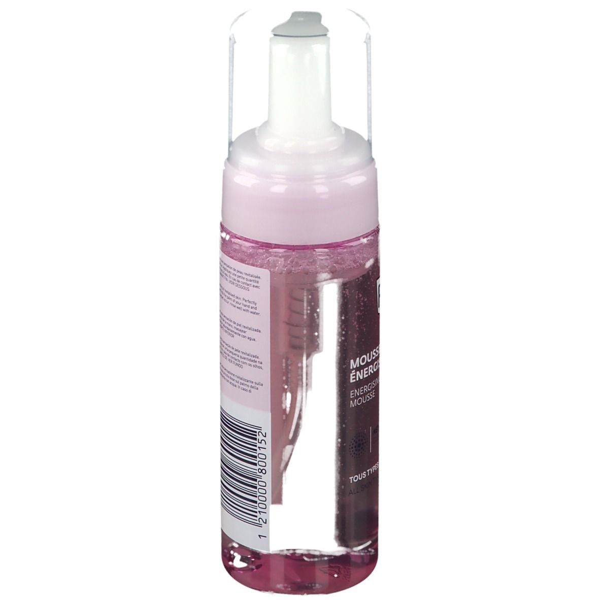 RoC Energetiserende Reinigingsmousse. Achterkant van de fles met tekst en barcode. Roze vloeistof zichtbaar.