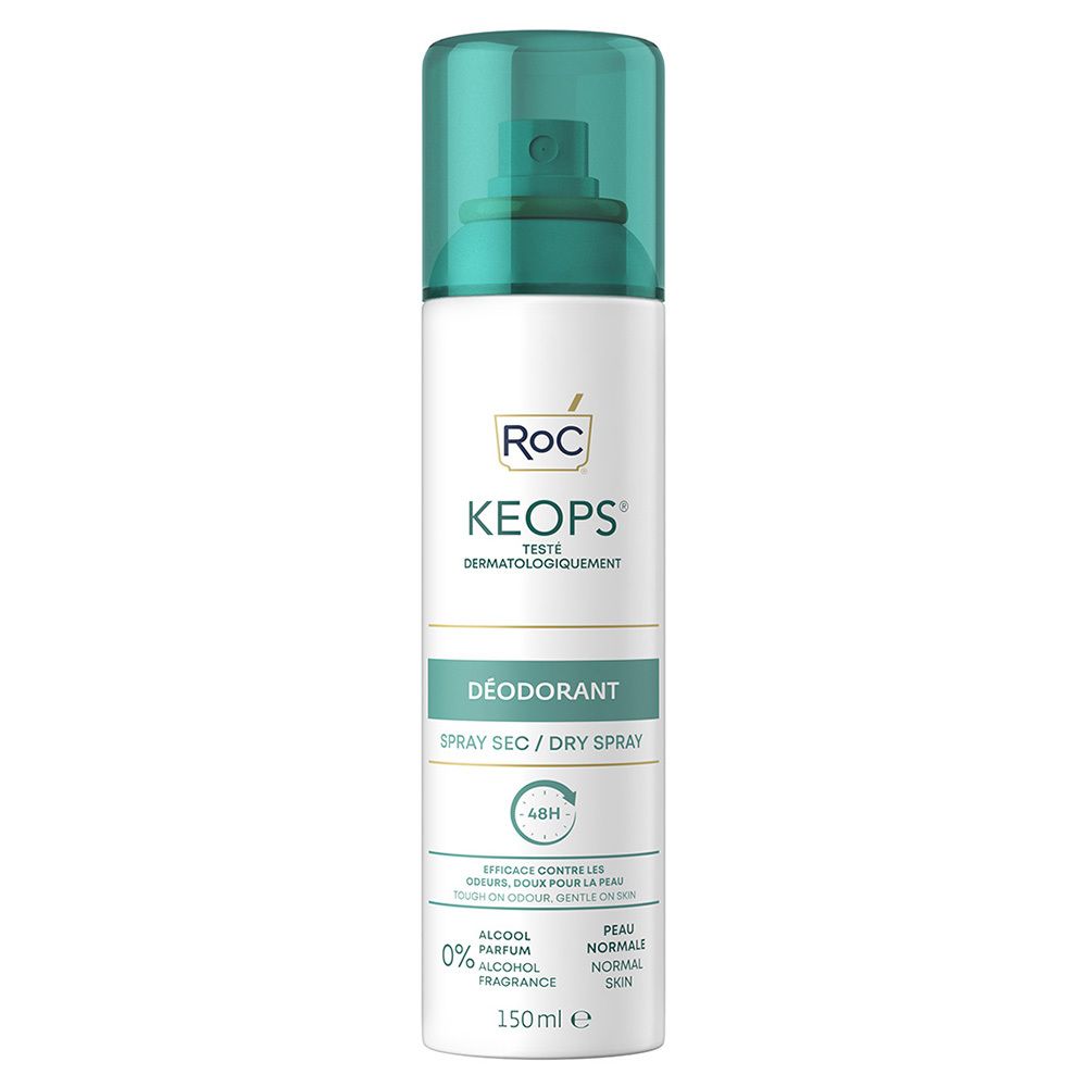 Wit deodorant-spray met groene spuitkop en dop. Merk RoC, naam Keops. Tekst: dermatologisch getest, 48h.