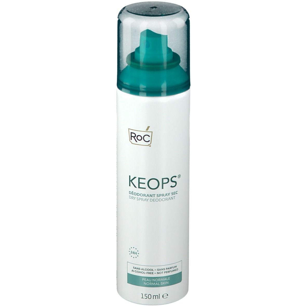 Wit deodorant-spray met groene spuitkop en dop. Merk RoC, naam Keops. Tekst: Dry spray, 24h. Voor normale huid.