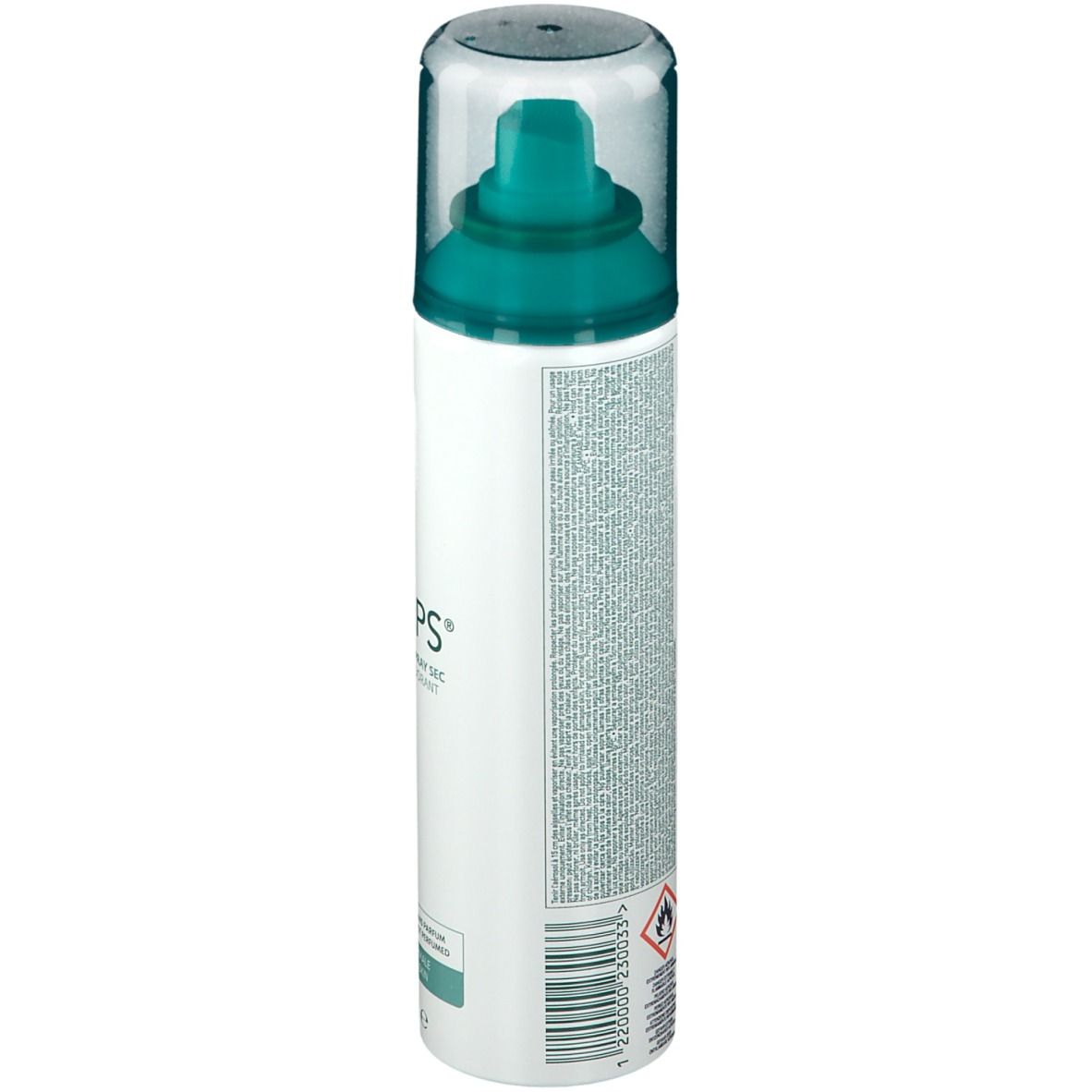 Achterkant van een deodorant-spray. Wit, met groene spuitkop. Tekst en barcode. Waarschuwing: licht ontvlambaar.