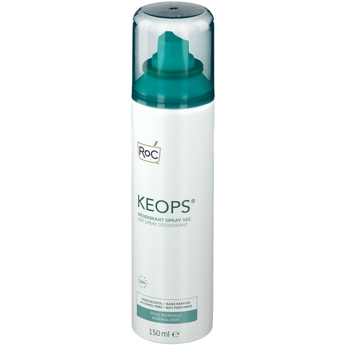 Wit deodorant-spray met groene spuitkop en dop. Merk RoC, naam Keops. Tekst: Dry spray, 24h. Voor normale huid.