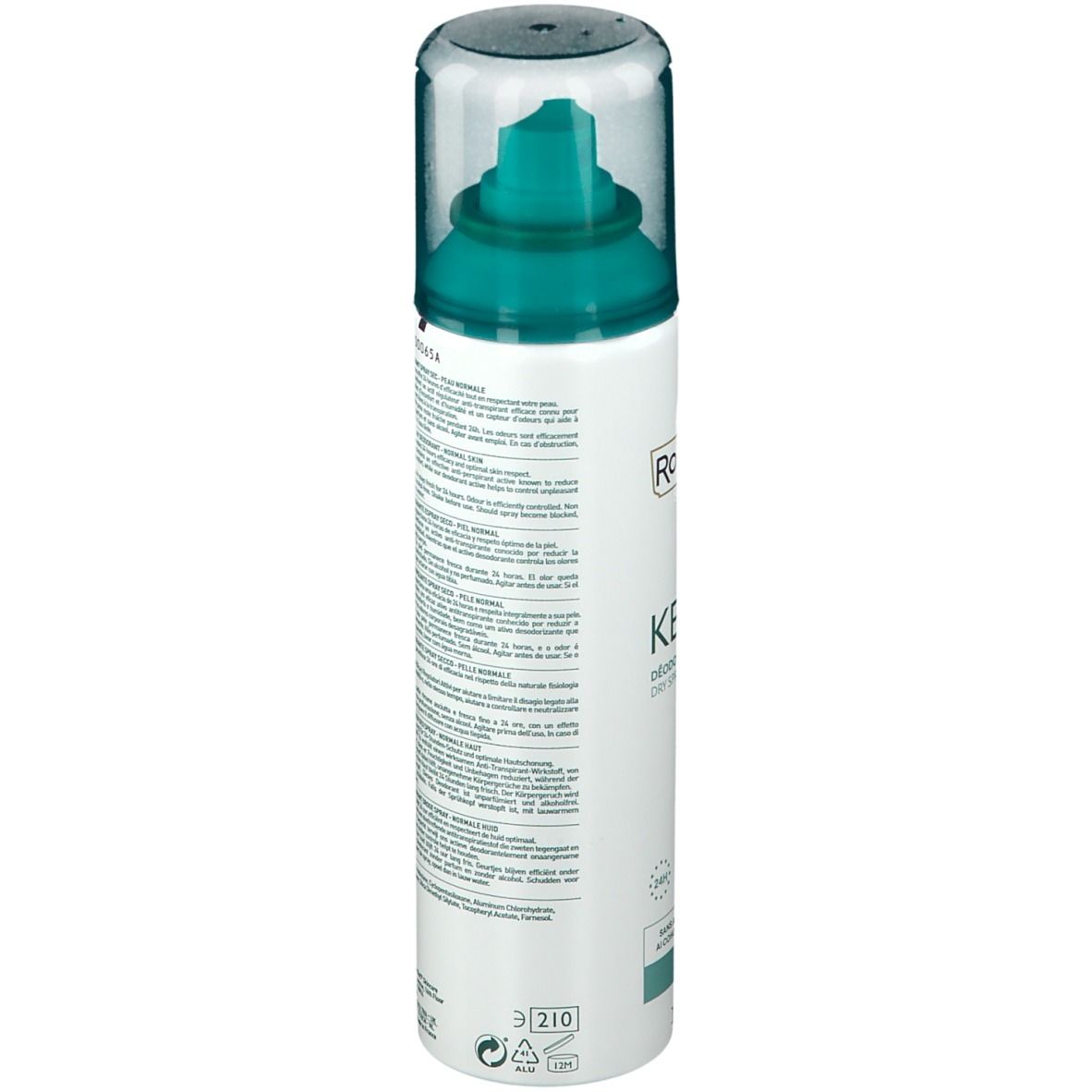 Achterkant van een deodorant-spray. Wit, met groene spuitkop. Tekst en barcode. Waarschuwing: licht ontvlambaar.