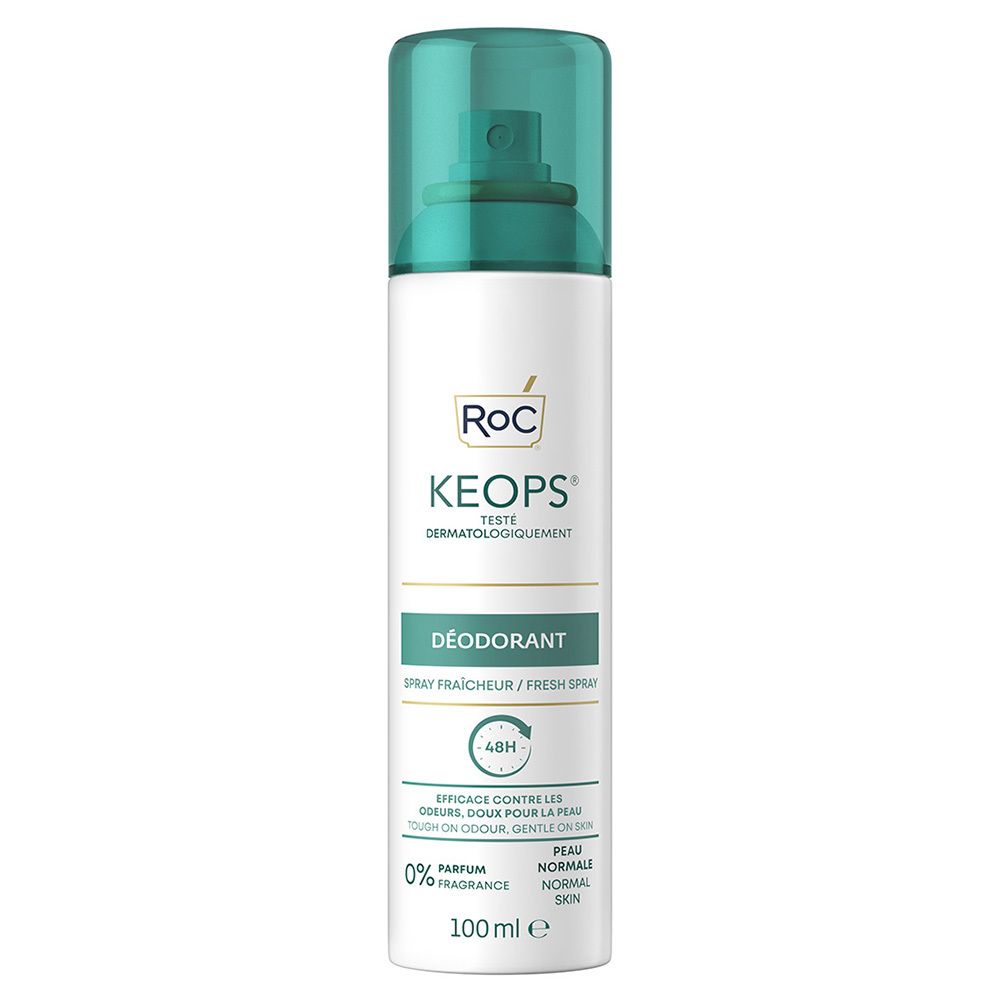 RoC Keops deodorant spray. Witte fles met turquoise dop. Tekst: Keops, Déodorant, 48H.