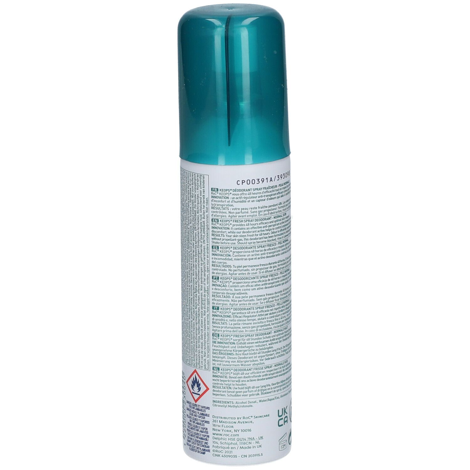 Achterkant van de deodorant spray fles. Tekst en symbolen op witte achtergrond. Turquoise dop.