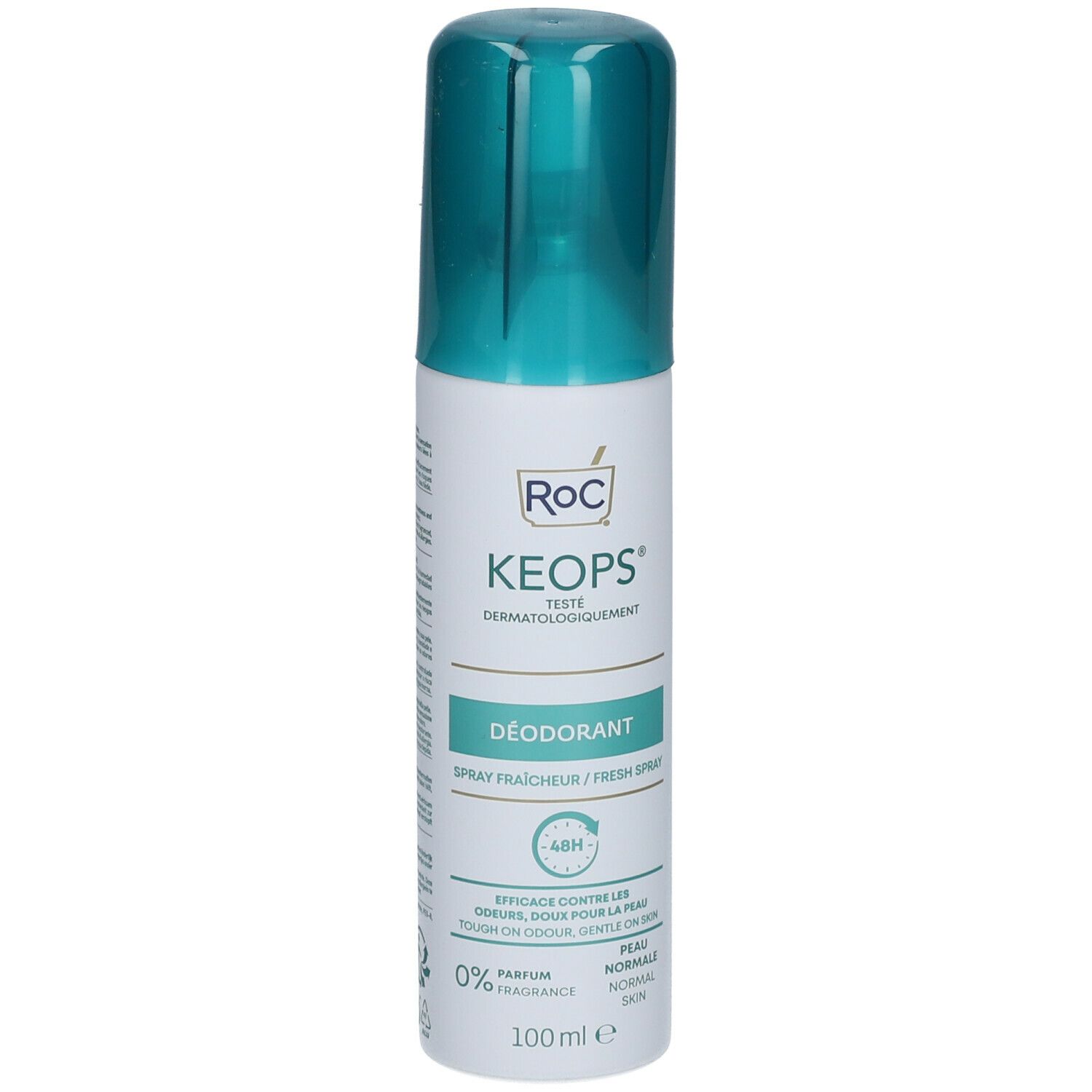 RoC Keops deodorant spray. Witte fles met turquoise dop. Tekst: Keops, Déodorant, 48H.