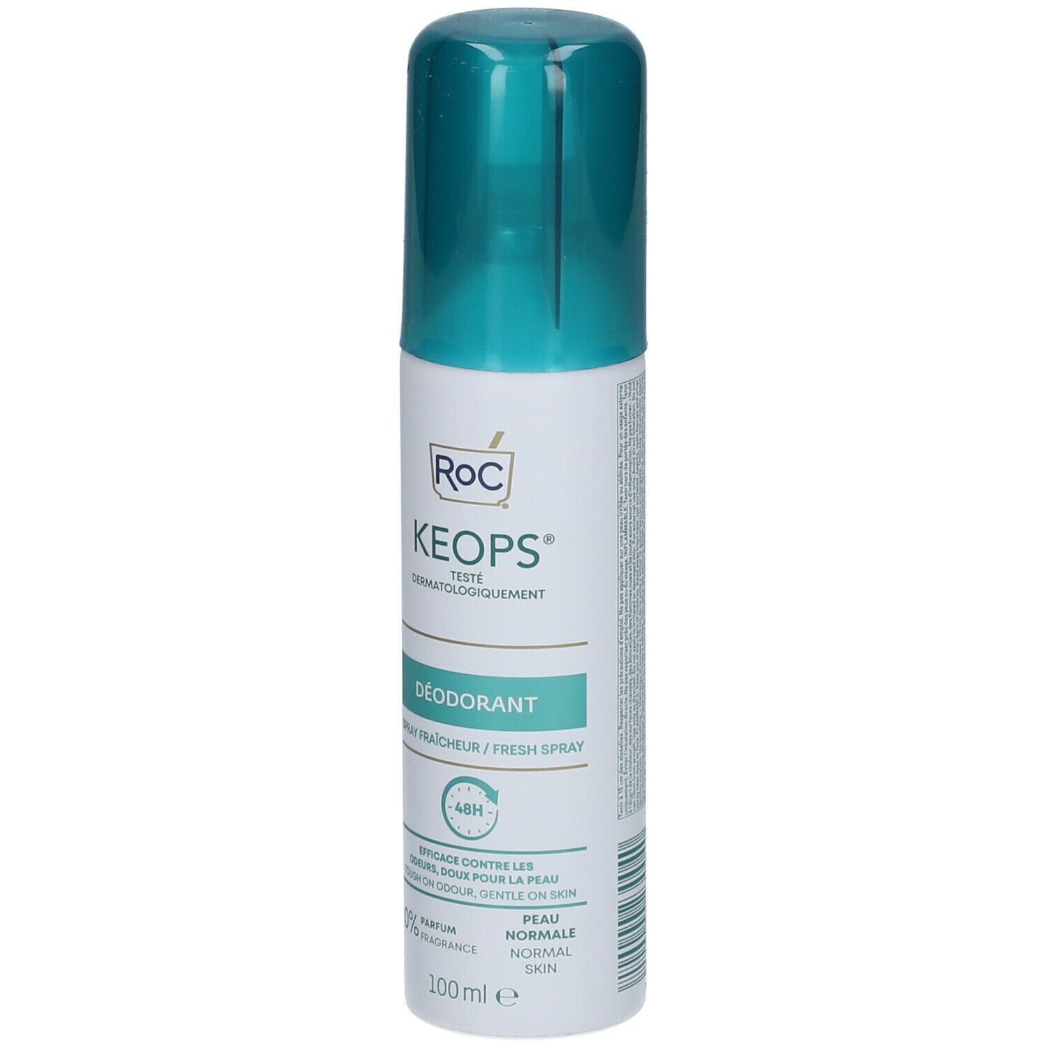 RoC Keops deodorant spray. Witte fles met turquoise dop. Tekst: Keops, Déodorant, 48H.