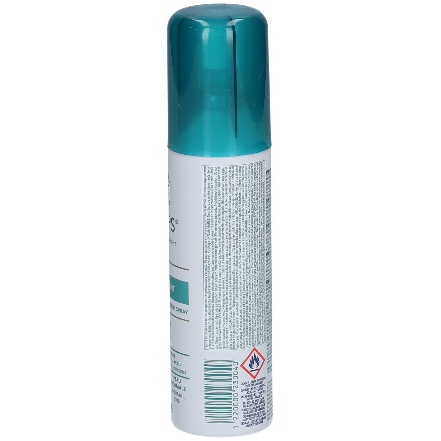 Achterkant van de deodorant spray fles. Tekst en symbolen op witte achtergrond. Turquoise dop.