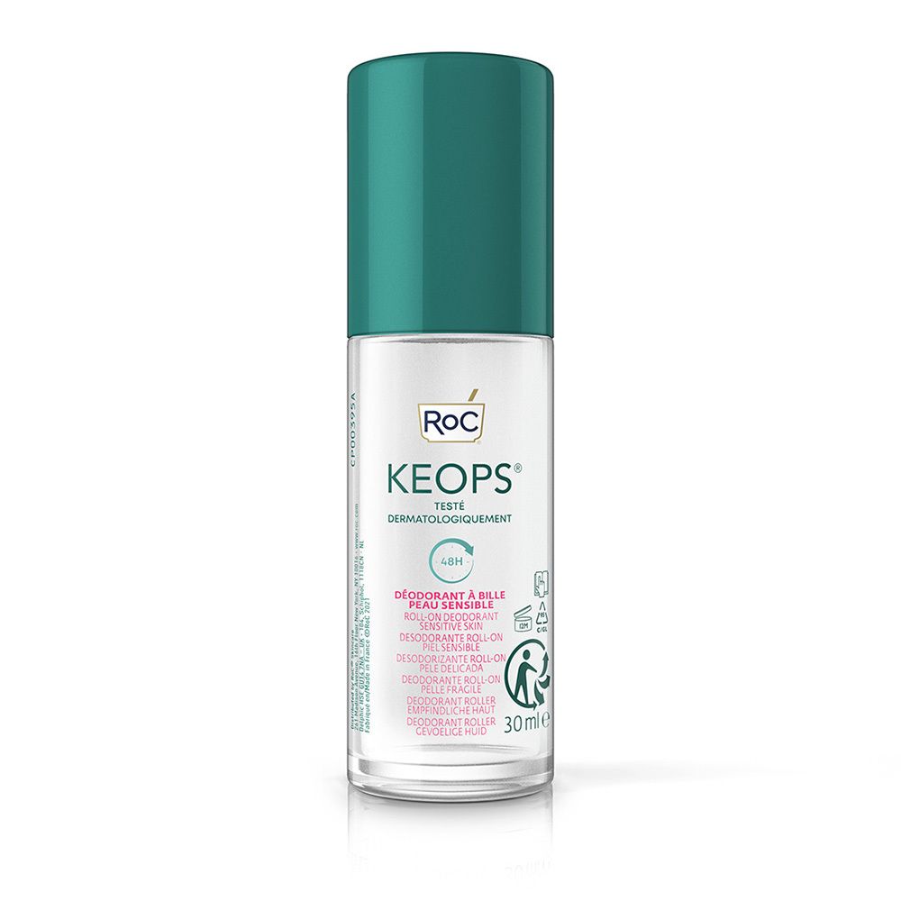 Roll-on déodorant avec bouchon vert. Inscription: RoC, Keops. 30 ml.