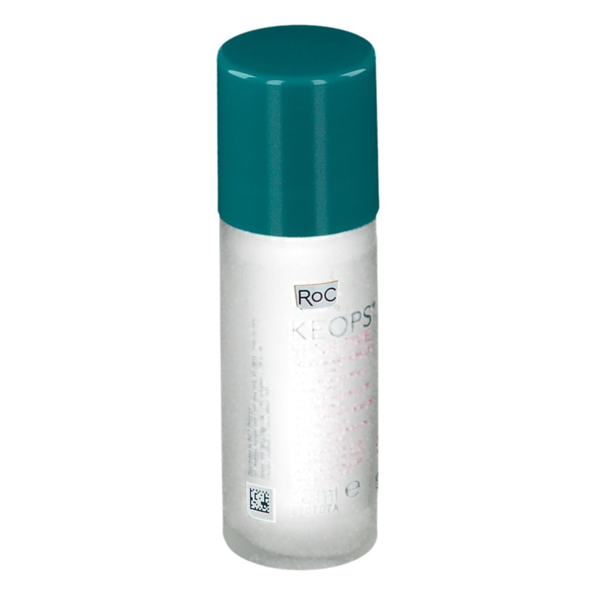 Roll-on déodorant avec bouchon vert. Inscription: RoC, Keops. Étiquette rose.