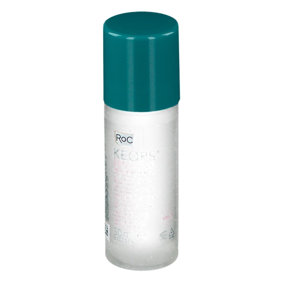 Roll-on déodorant avec bouchon vert. Inscription: RoC, Keops. Étiquette rose.