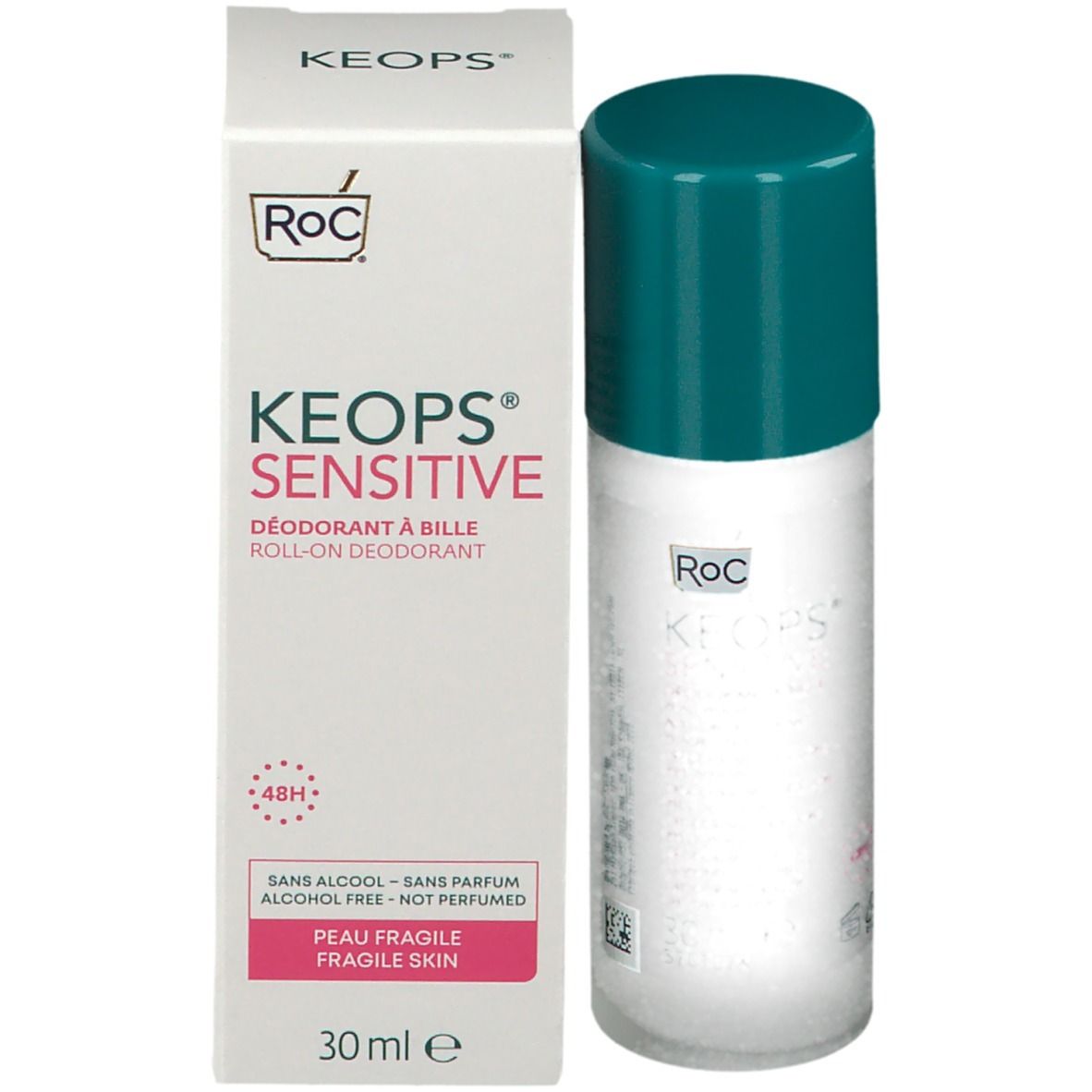 Roll-on déodorant et emballage. Inscription: RoC, Keops Sensitive. 30 ml.