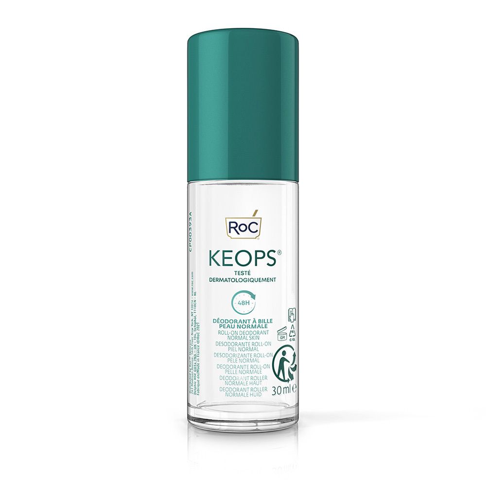 Déodorant roll-on avec bouchon bleu-vert. Inscription : ROC Keops, 48h. Pour peau normale.