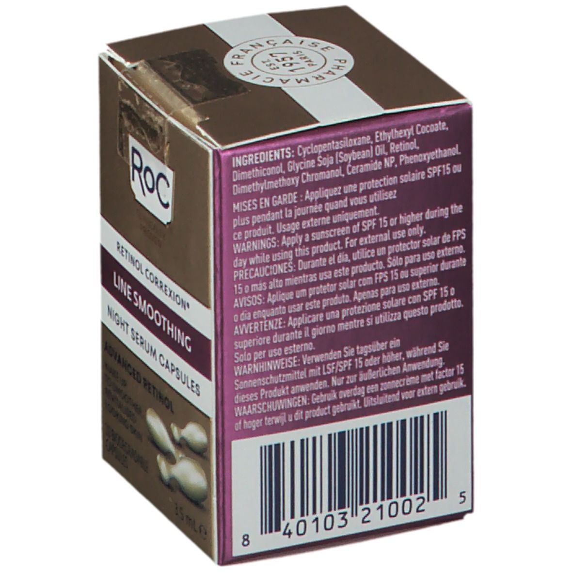 Achterkant van de RoC Retinol Correxion verpakking. Bevat ingrediënten, waarschuwingen en barcode. Goud en paars design.