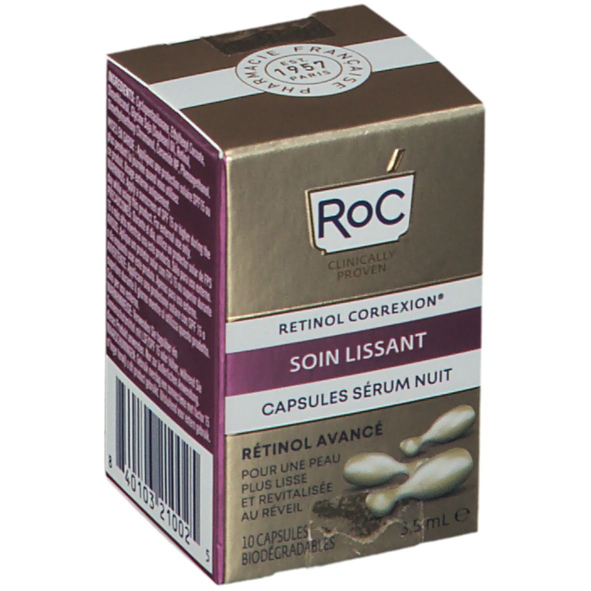 Doosje RoC Retinol Correxion Soin Lissant Capsules Sérum Nuit. Gouden doos met paarse accenten. Bevat capsules.