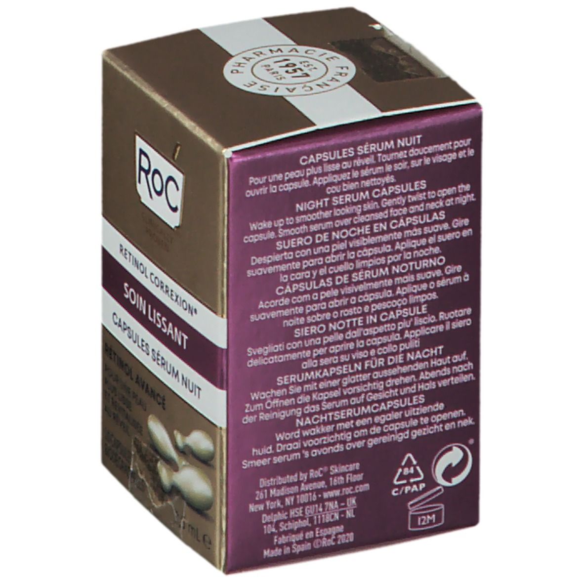 Doosje RoC Retinol Correxion Soin Lissant Capsules Sérum Nuit. Gouden doos met paarse accenten. Bevat capsules.
