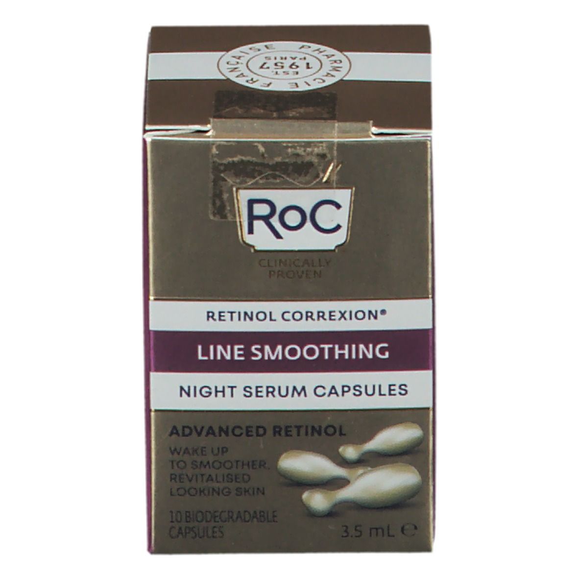 RoC Retinol Correxion Line Smoothing Night Serum Capsules. Gouden doos met paarse accenten. Bevat capsules.