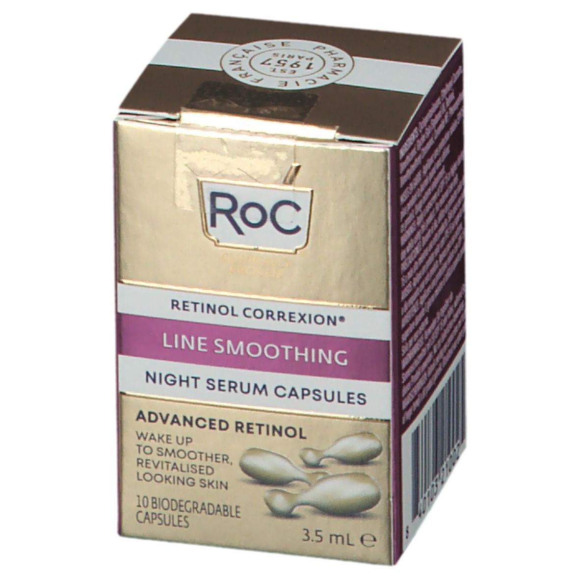 RoC Retinol Correxion Line Smoothing Night Serum Capsules. Gouden doos met paarse accenten. Bevat capsules.