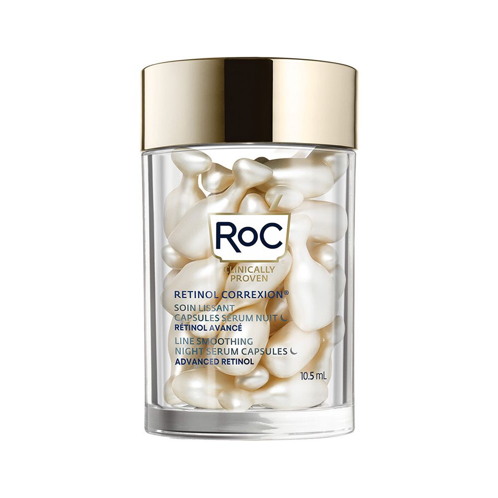 Transparante pot met witte capsules. RoC-logo en tekst. Opschrift: RETINOL CORREXION, SOIN LISSANT, CAPSULES SÉRUM NUIT.