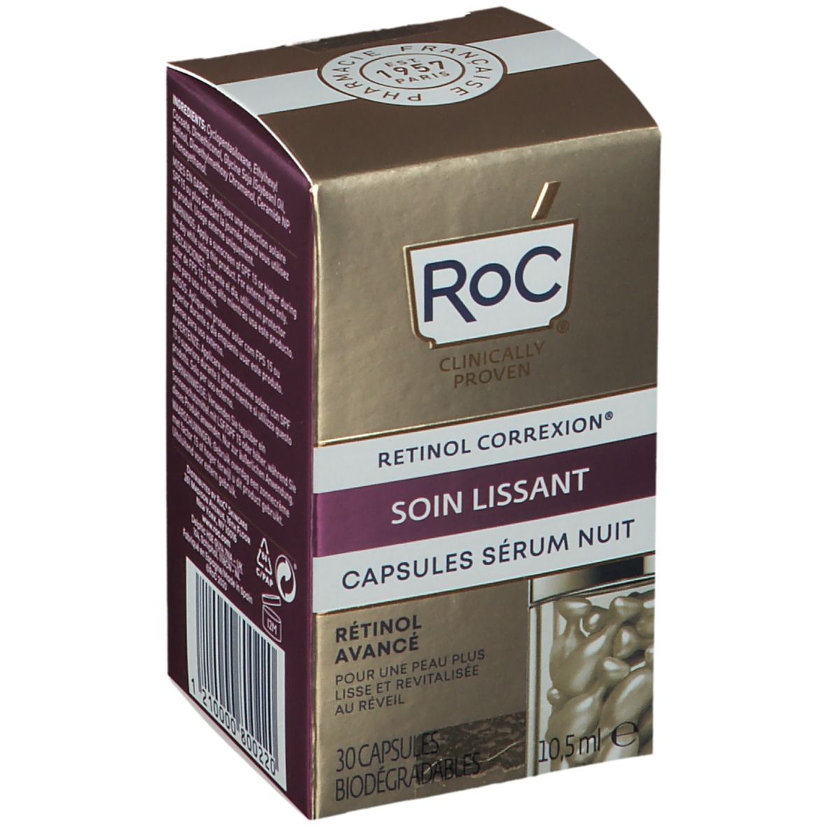 Gouden RoC-doos. Opschrift: RETINOL CORREXION, SOIN LISSANT, CAPSULES SÉRUM NUIT. Bevat capsules. RoC-logo en tekst.