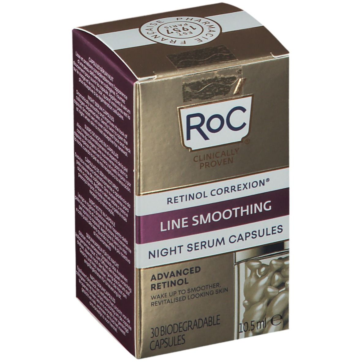 Gouden RoC-doos. Opschrift: RETINOL CORREXION, LINE SMOOTHING, NIGHT SERUM CAPSULES. Bevat capsules. RoC-logo en tekst.