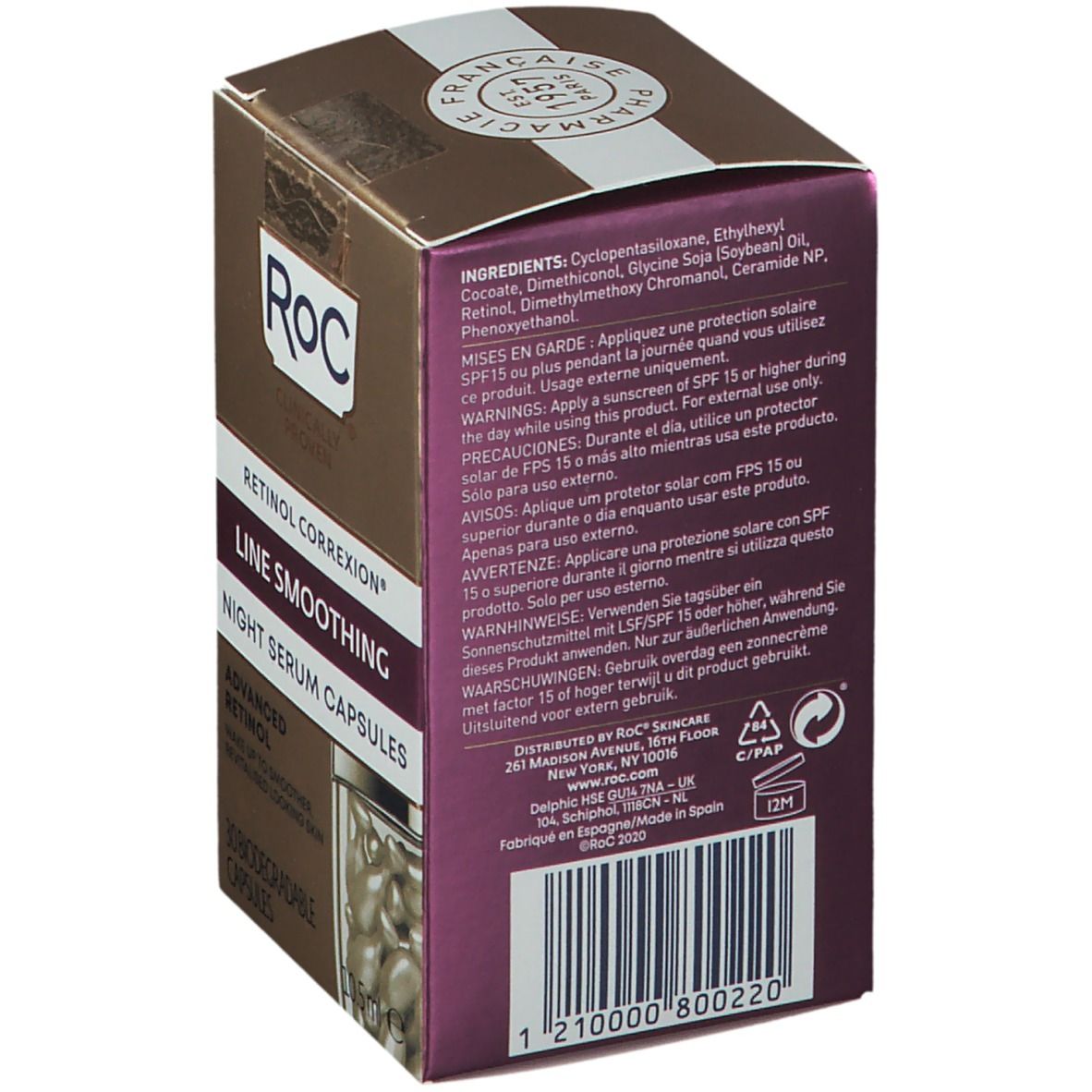 Achterkant van de RoC-doos. Meertalige tekst. Bevat ingrediënten en waarschuwingen. RoC-logo en tekst.