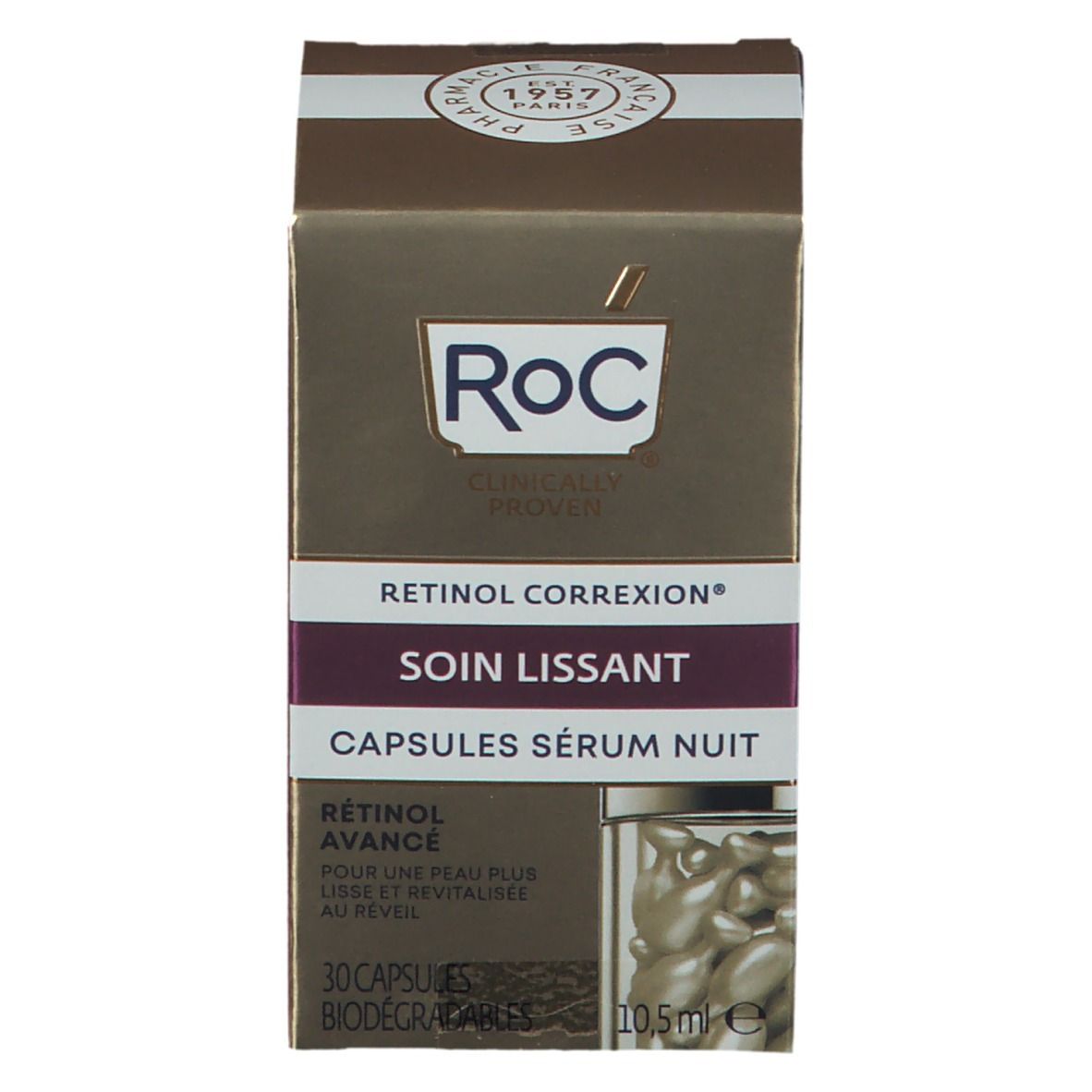 Gouden RoC-doos. Opschrift: RETINOL CORREXION, SOIN LISSANT, CAPSULES SÉRUM NUIT. Bevat capsules. RoC-logo en tekst.