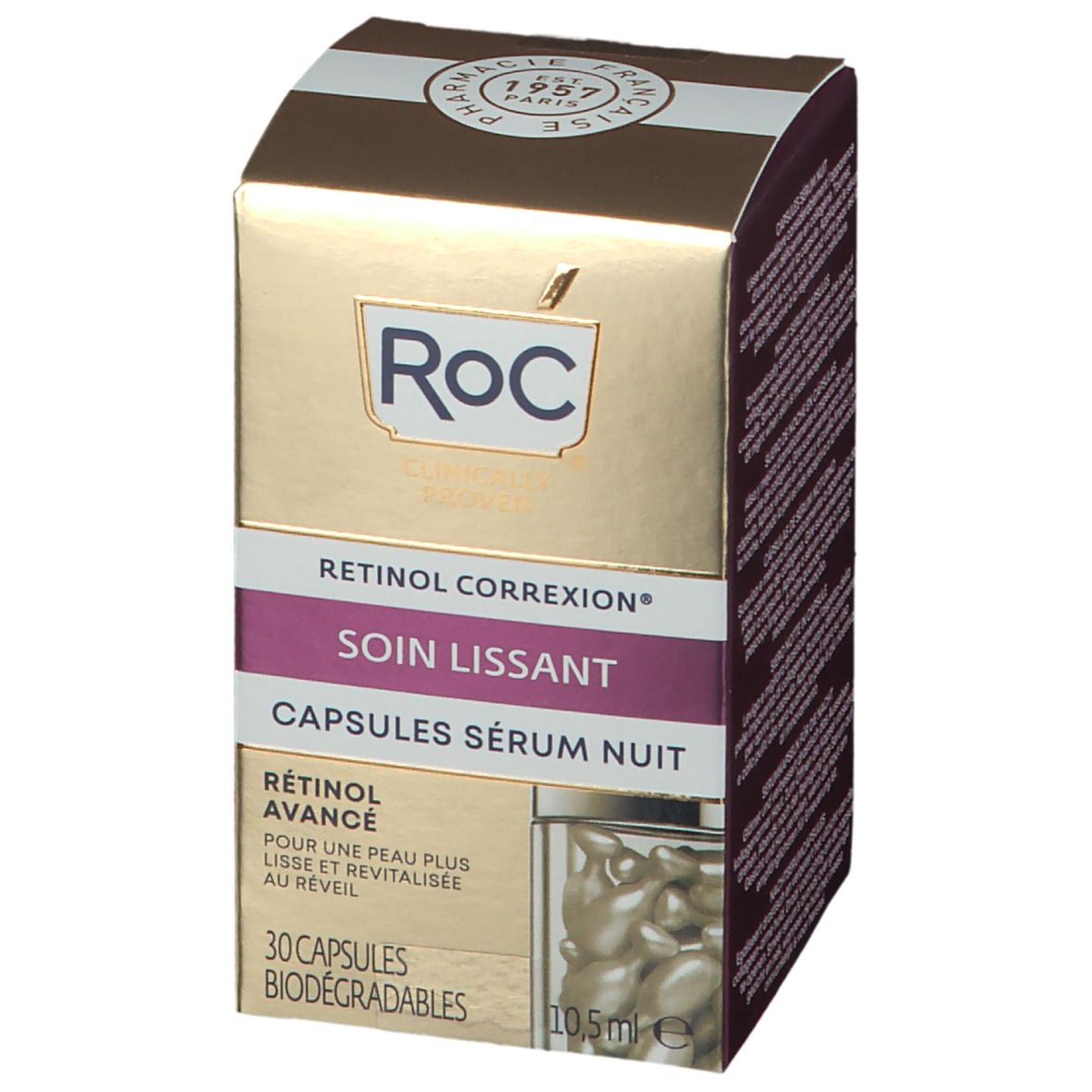 Gouden RoC-doos. Opschrift: RETINOL CORREXION, SOIN LISSANT, CAPSULES SÉRUM NUIT. Bevat capsules. RoC-logo en tekst.