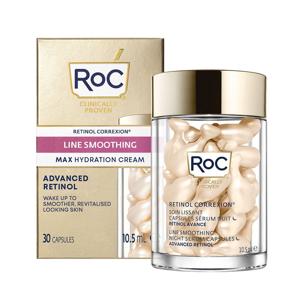 Transparante pot met witte capsules en doos. RoC-logo en tekst. Opschrift: RETINOL CORREXION, LINE SMOOTHING.