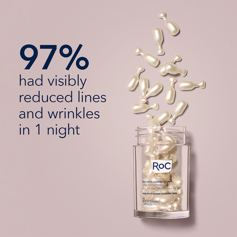 Transparante pot met witte capsules. Tekst: 97% had zichtbaar minder lijntjes en rimpels in 1 nacht. RoC-logo.