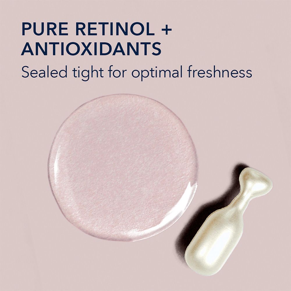 Close-up van een vloeistof en een capsule. Tekst: PURE RETINOL + ANTIOXIDANTS. Verzegeld voor optimale versheid.