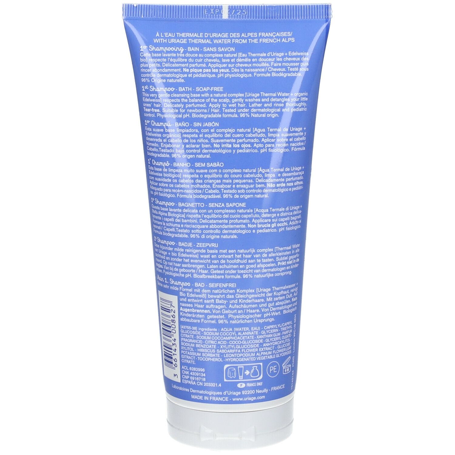 Dos du tube bleu. Texte multilingue, dont "1er Shampooing" et informations sur les ingrédients et les certifications.