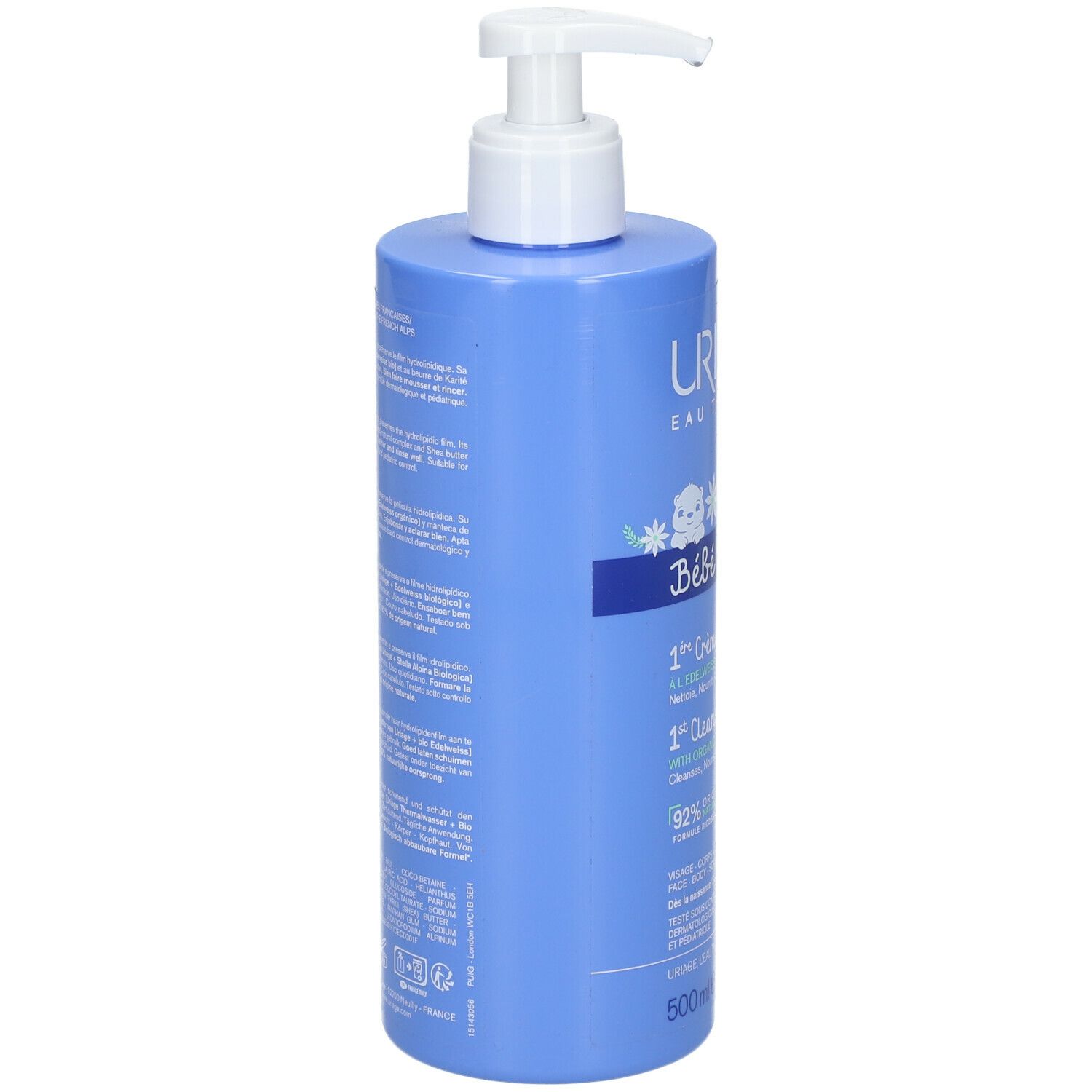 Dos du flacon bleu avec texte. URIAGE, Bébé, 1ère Crème lavante, 1st Cleansing cream. Texte en plusieurs langues.