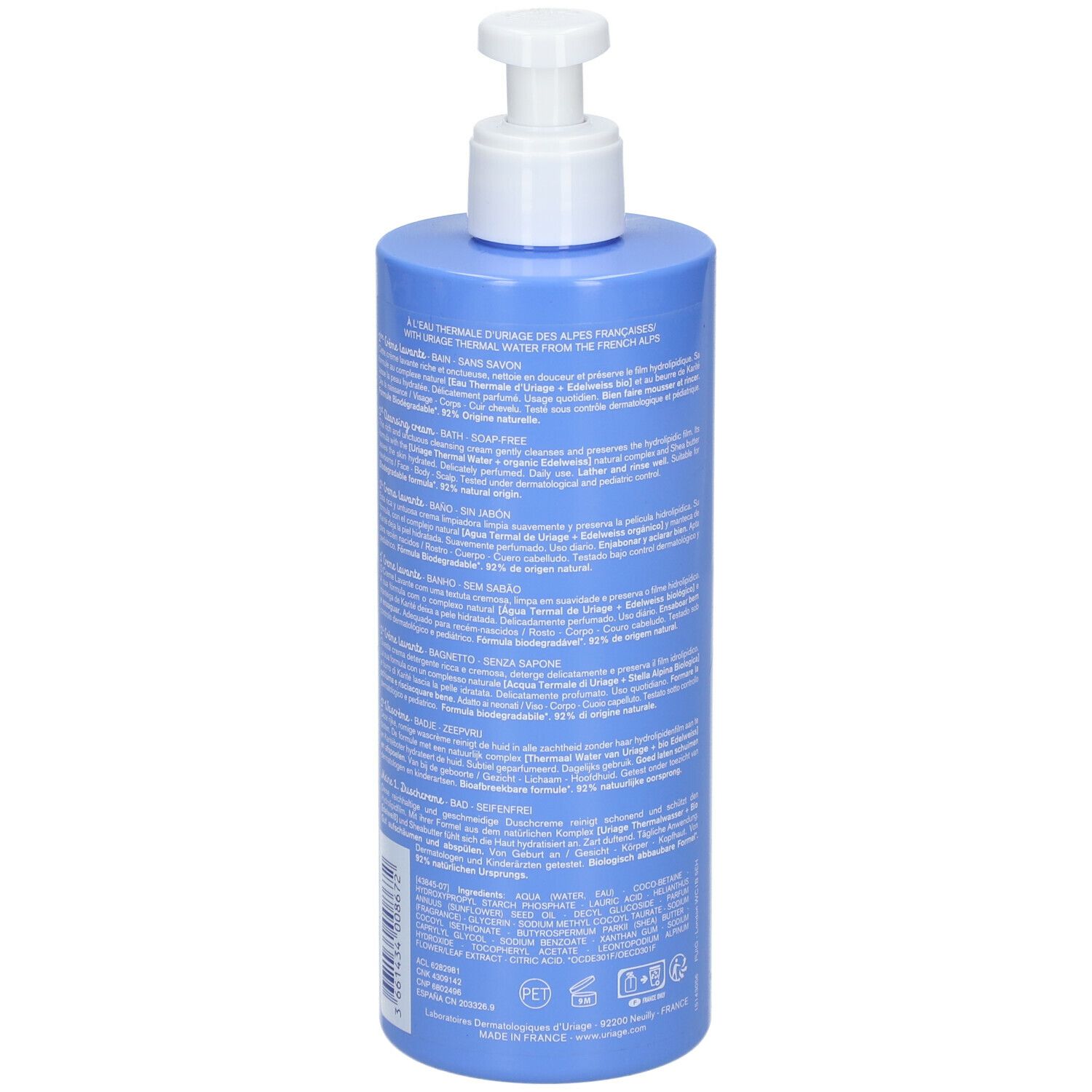 Dos du flacon bleu avec texte. URIAGE, Bébé, 1ère Crème lavante, 1st Cleansing cream. Texte en plusieurs langues.