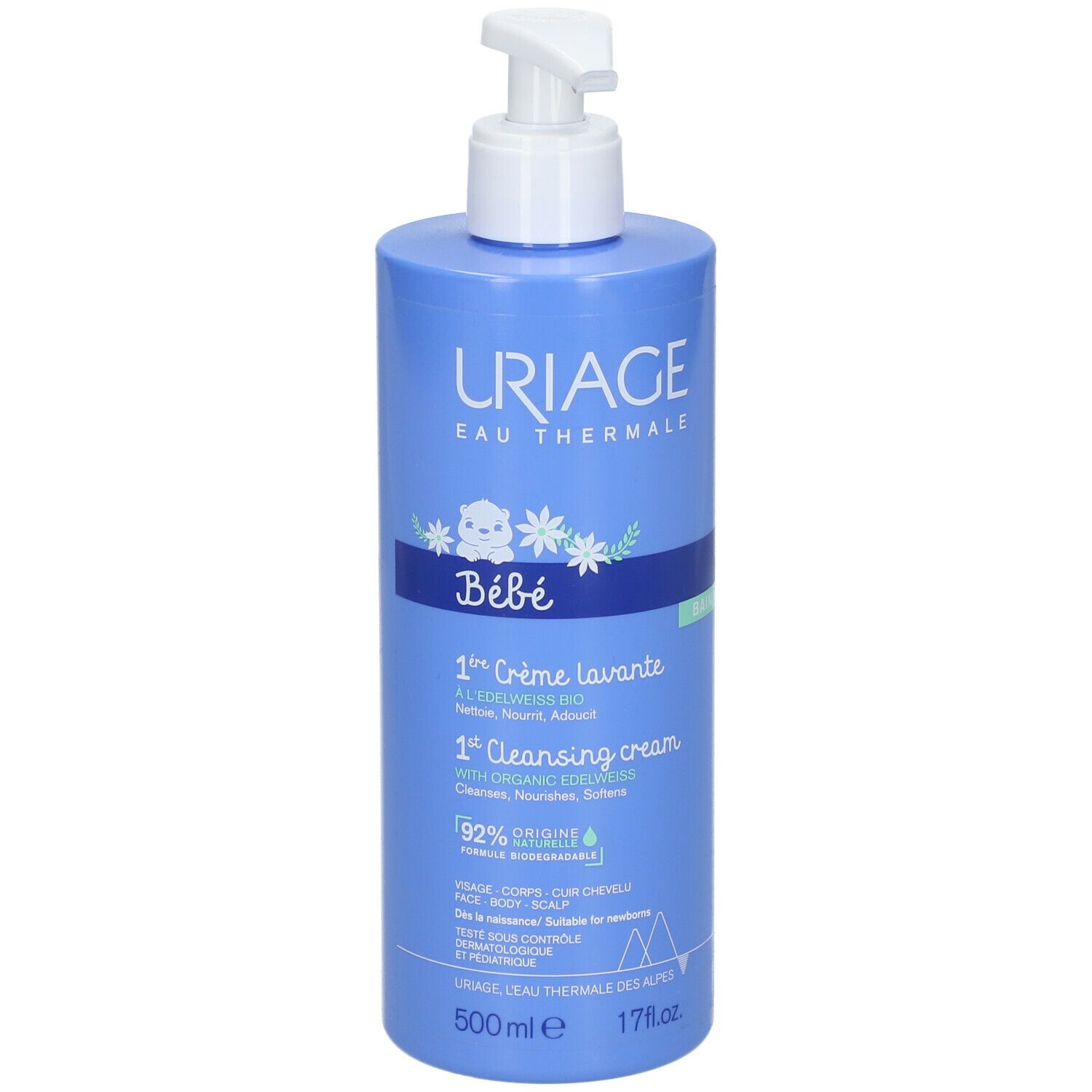 Flacon bleu avec pompe. URIAGE, Bébé, 1ère Crème lavante, 1st Cleansing cream. Texte en français et anglais.