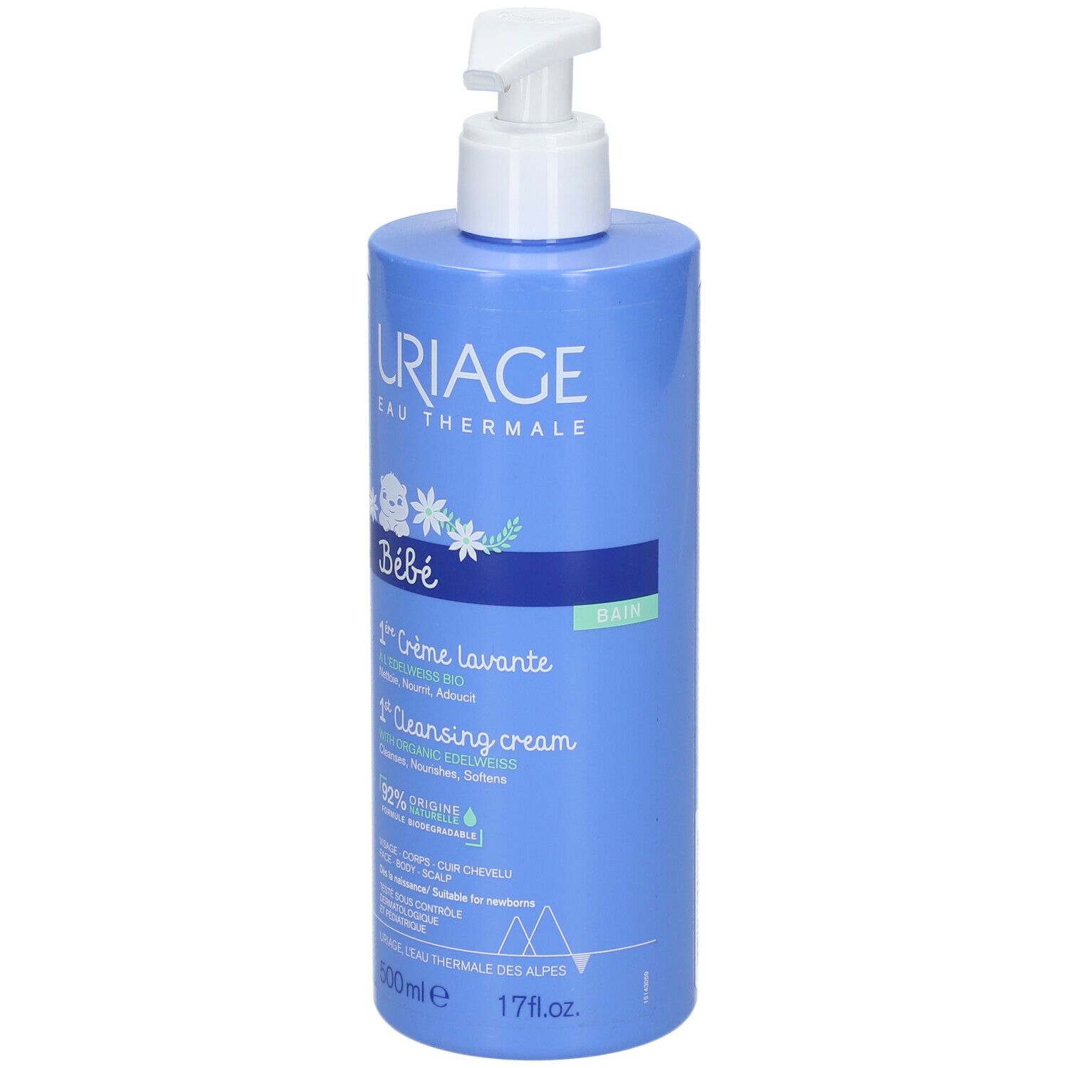 Flacon bleu avec pompe. URIAGE, Bébé, 1ère Crème lavante, 1st Cleansing cream. Texte en français et anglais.