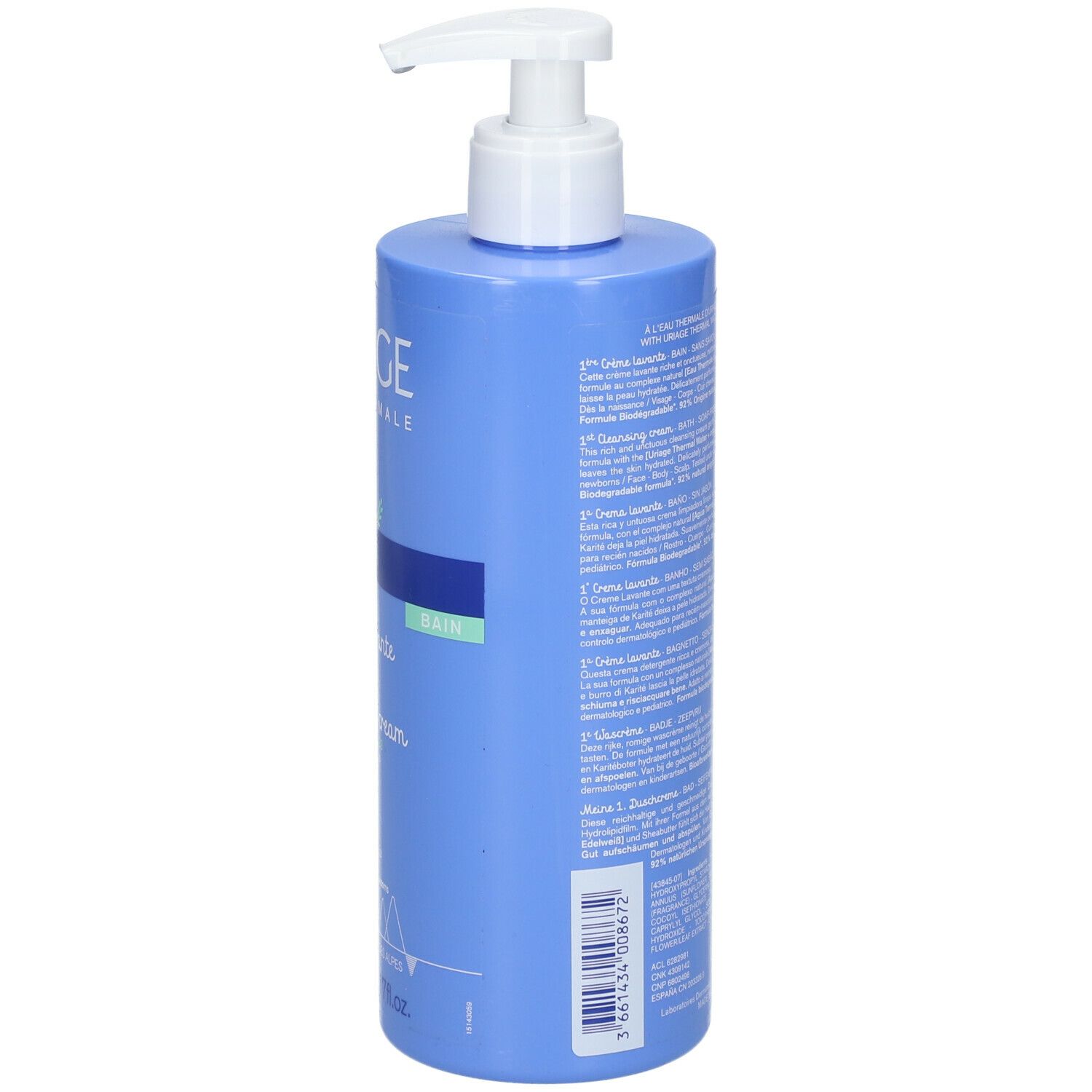 Dos du flacon bleu avec texte. URIAGE, Bébé, 1ère Crème lavante, 1st Cleansing cream. Texte en plusieurs langues.