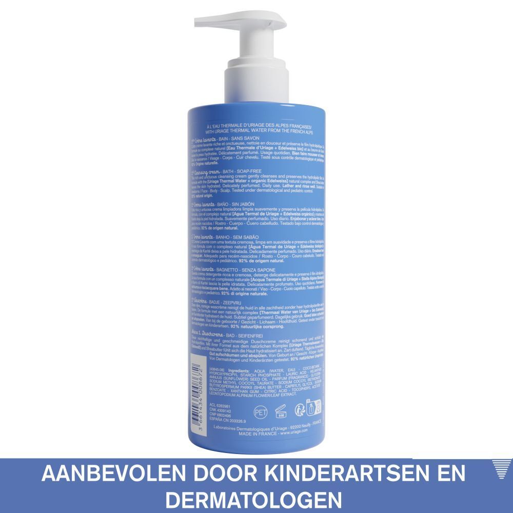 Landschap met bergen en tekst. Tekst: Aanbevolen door kinderartsen en dermatologen, Geschikt voor pasgeborenen.