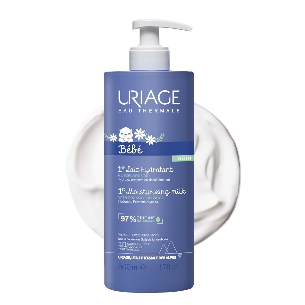 Flacon bleu avec pompe. Inscriptions: URIAGE, Bébé, 1er Lait hydratant, 1er Moisturizing milk. Produit sur fond blanc.