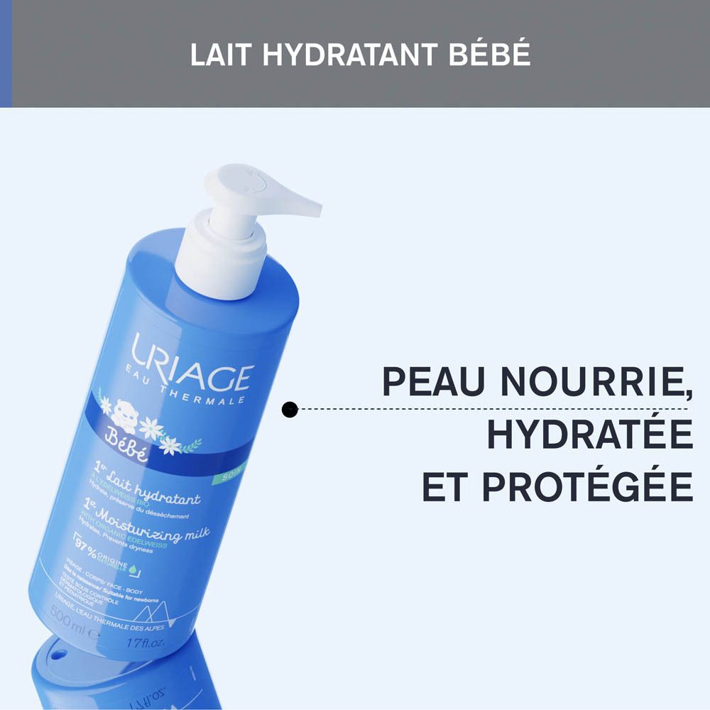 Visuel produit avec texte. Inscriptions: URIAGE, Bébé, 1er Lait hydratant, 1er Moisturizing milk. Peau nourrie, hydratée et protégée.