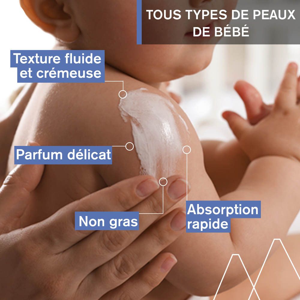 Gros plan d'un bébé. Crème sur la peau. Texte: Texture, non gras, parfum délicat, absorption rapide.