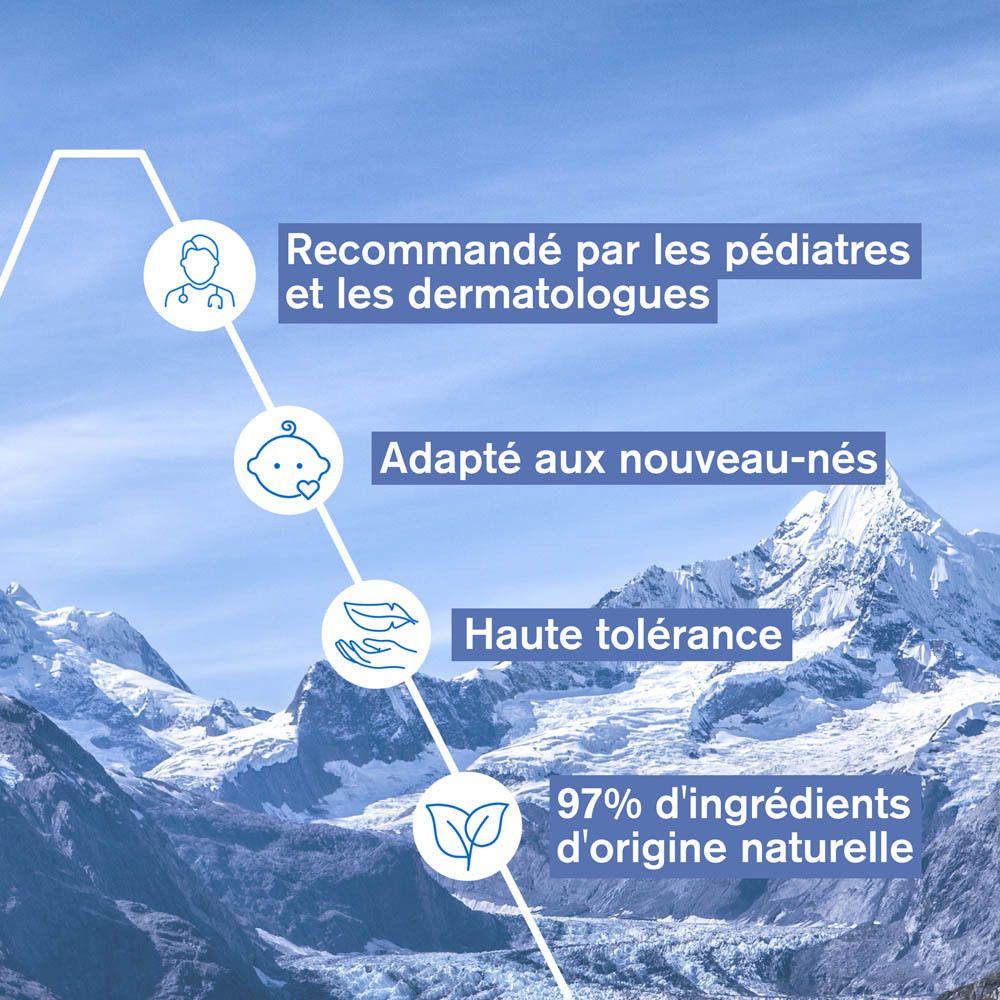Graphique avec texte. Recommandé par les pédiatres et les dermatologues. Adapté aux nouveau-nés. Haute tolérance.